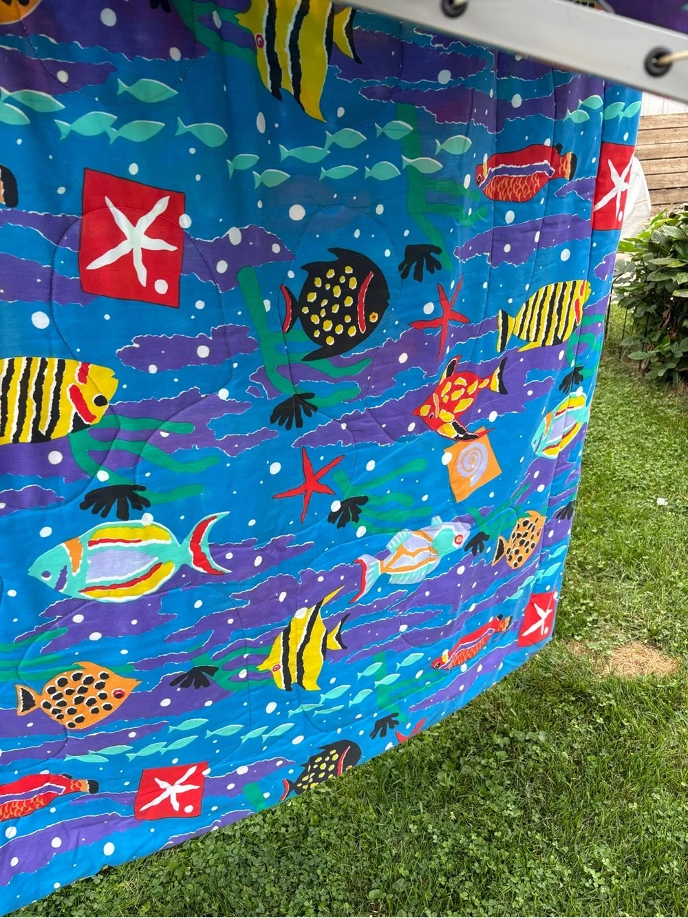 Vintage 1986 Vibrant Blue Tropical Fish Comforter by Cheryl Johnson